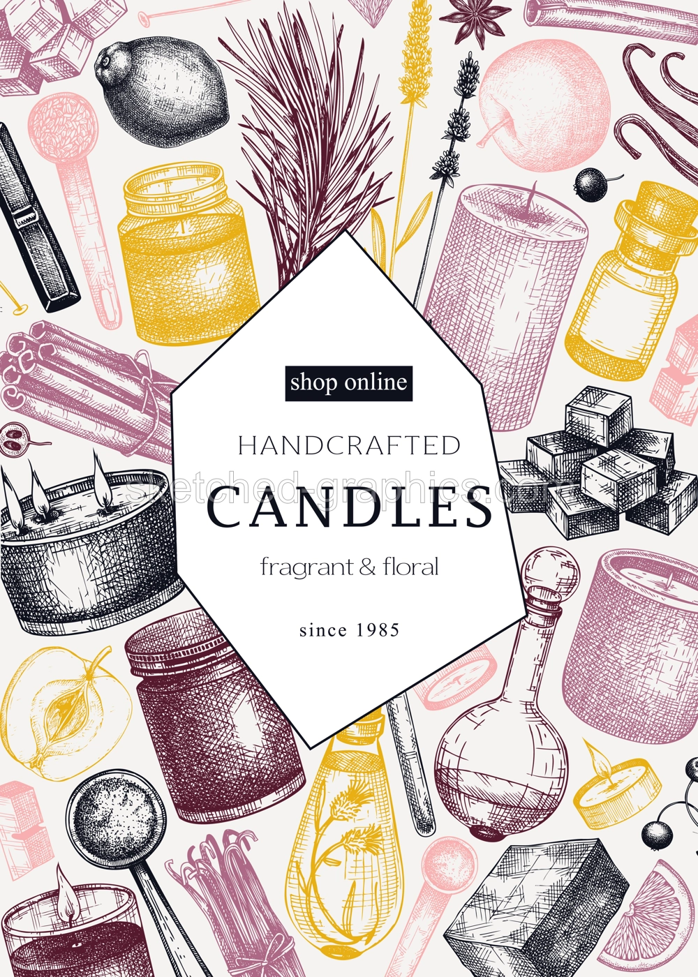 Scented candles card or flyer design. Hand-sketched aromatic materials and natural ingredients for candle making, cosmetics, perfumery. Great template for branding, packaging, identity, web banners.  Illustration